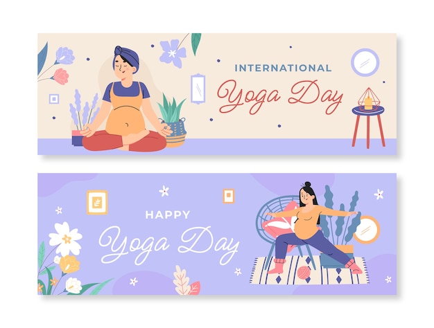 Flat international yoga day horizontal banners collection