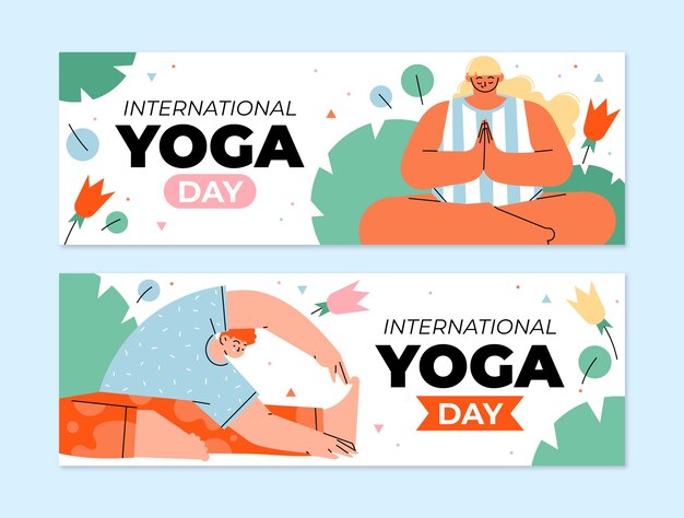 Плоский международный день йоги горизонтальные баннеры