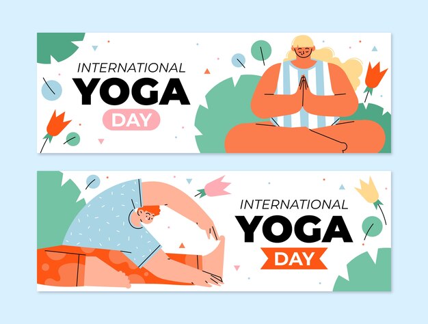 Flat international yoga day horizontal banners pack