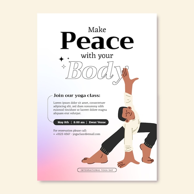 Flat international yoga day vertical flyer template with person doing yoga