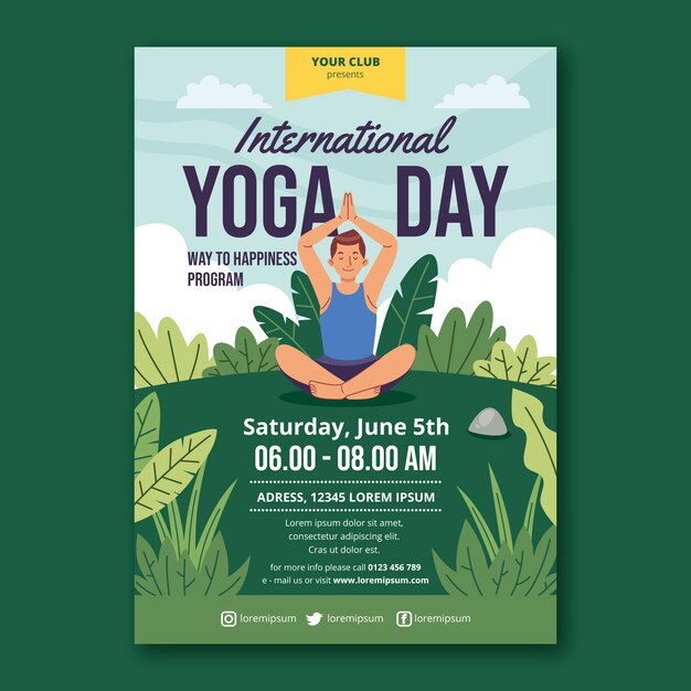 flat international yoga day vertical flyer template with person doing yoga