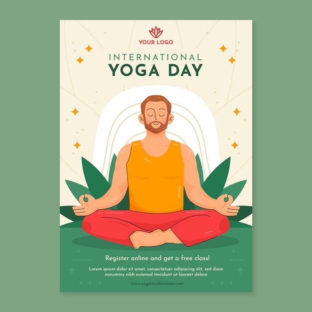 Flat international yoga day vertical flyer template