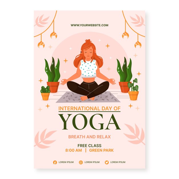 Flat international yoga day vertical flyer template