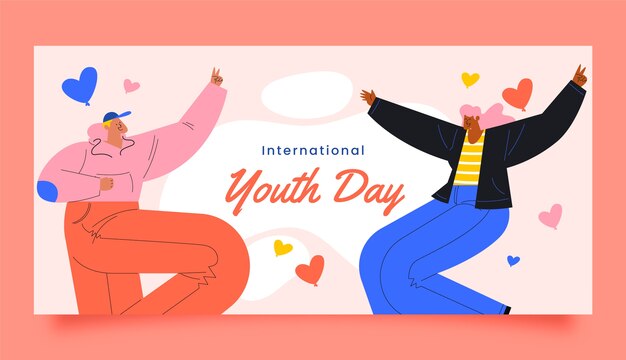Плоский международный день молодежи горизонтальный баннер шаблон