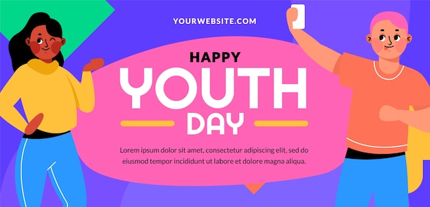 Плоский международный день молодежи горизонтальный баннер шаблон