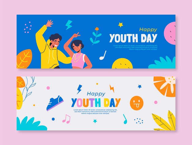 Flat international youth day horizontal banners set