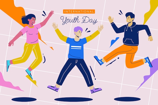 무료 벡터 축하하는 사람들과 평평한 국제 청소년의 날 그림