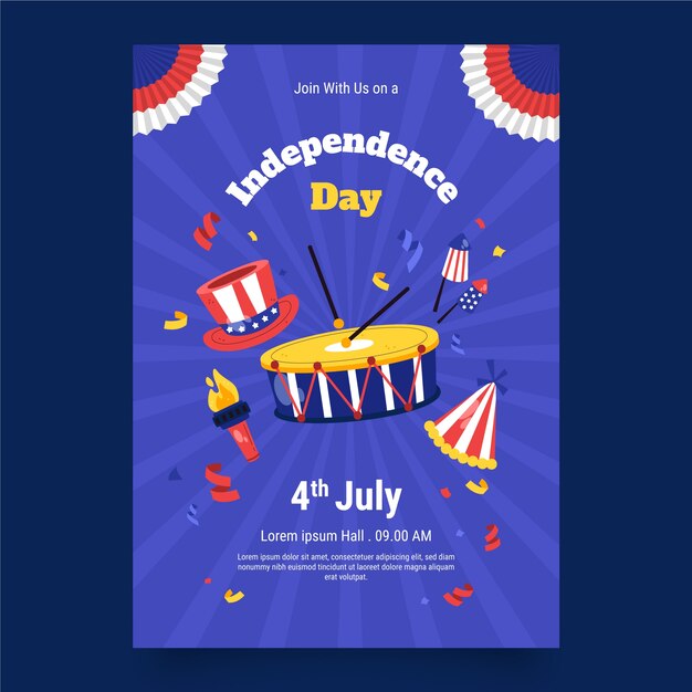 Flat invitation template for american 4th of july holiday celebration