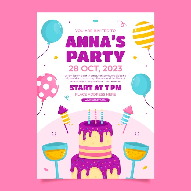 Free vector flat invitation template for birthday party celebration