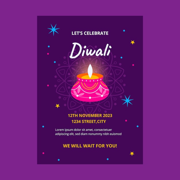 Flat invitation template for diwali festival celebration