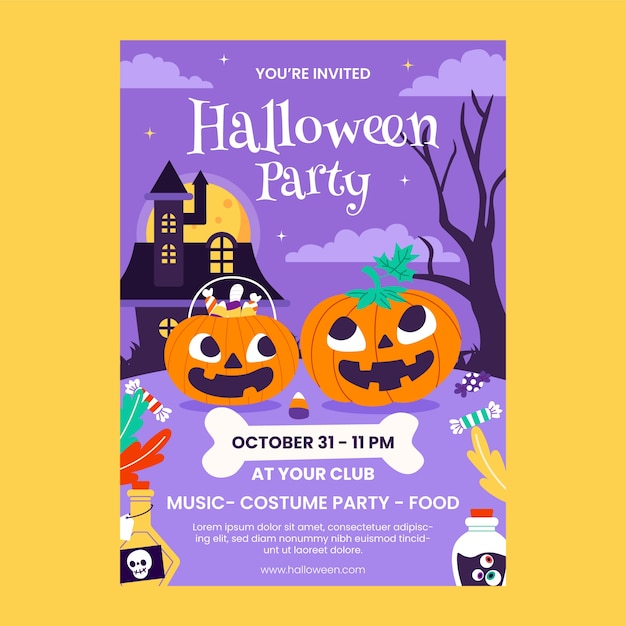 Flat invitation template for halloween season celebration