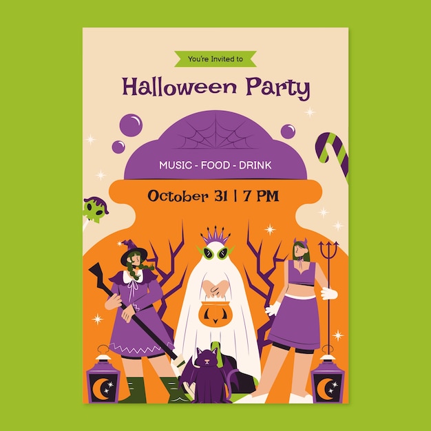 Free vector flat invitation template for halloween season celebration