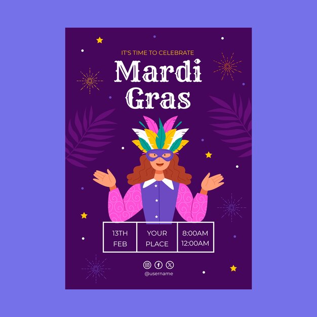 Flat invitation template for mardi gras festival