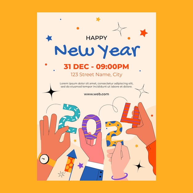 Free vector flat invitation template for new year 2024 with hands holding numbers