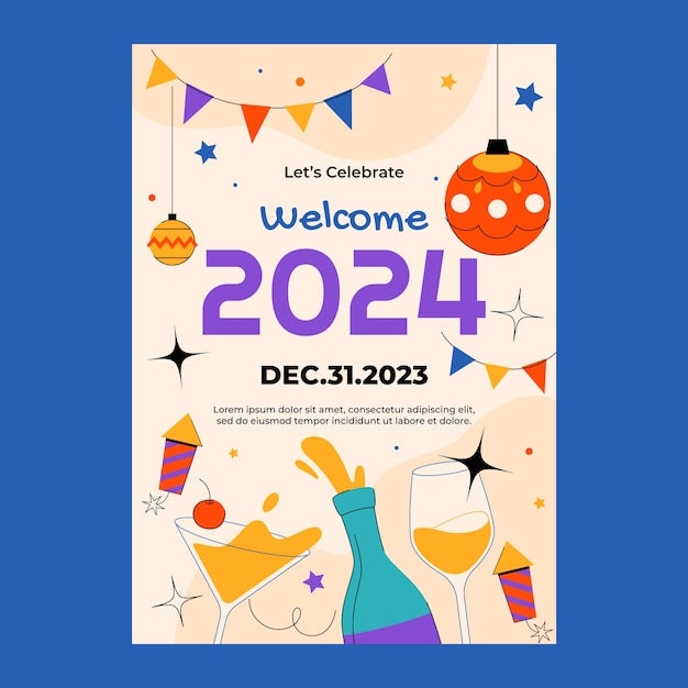 Flat invitation template for new year 2024 with ornaments and drinks