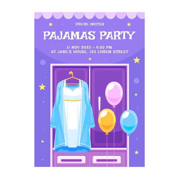Vettore gratuito modello di invito piatto per pigiama party