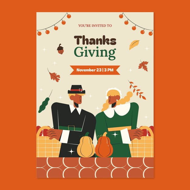 Flat invitation template for thanksgiving celebration with people and baskets of pumpkins