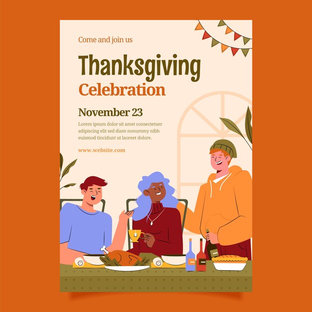 Flat invitation template for thanksgiving celebration with people at dinner table