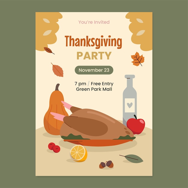 Free vector flat invitation template for thanksgiving celebration with turkey on plate