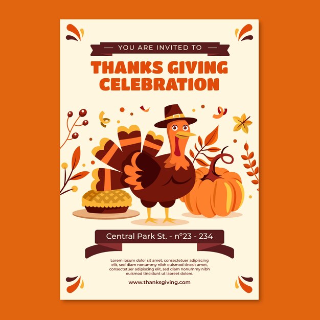 Flat invitation template for thanksgiving with pie and turkey