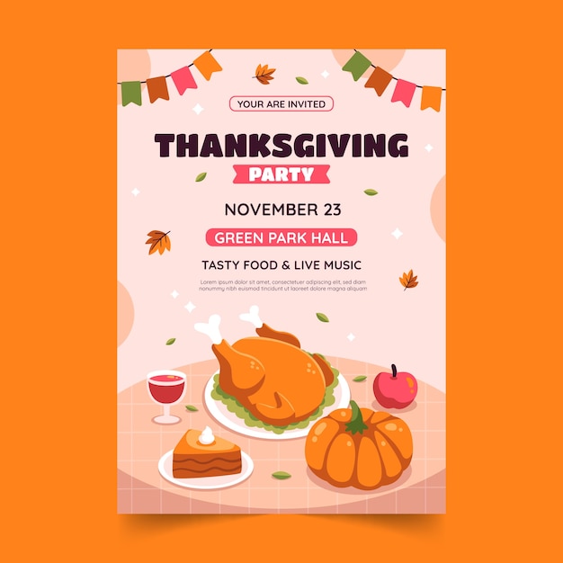 Flat invitation template for thanksgiving with turkey and pie