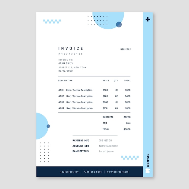 Free vector flat invoice template for dental clinic business