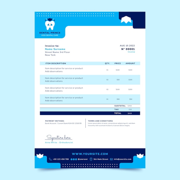 치과 사업을 위한 플랫 인보이스 템플릿