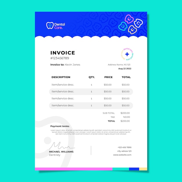 Free vector flat invoice template for dental clinic business