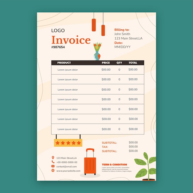 無料ベクター ホテル宿泊用のフラットな請求書テンプレート