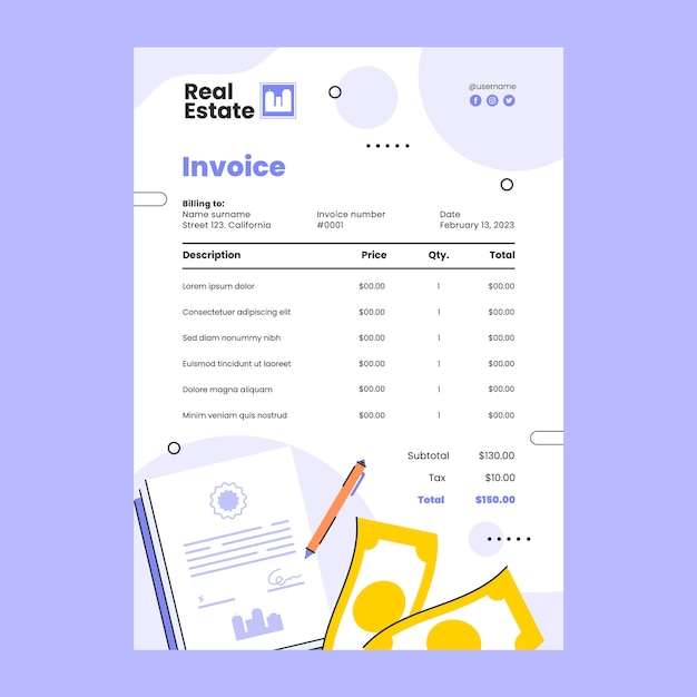 무료 벡터 부동산에 대한 플랫 인보이스 템플릿