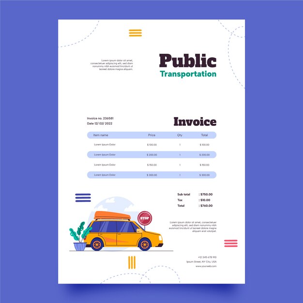 Flat invoice template for public transportation and transit