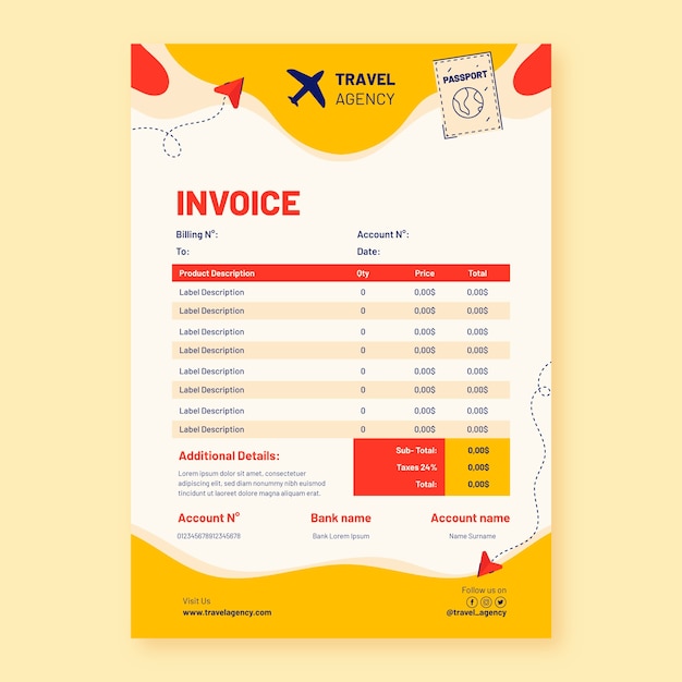 Free vector flat invoice template for travel agency