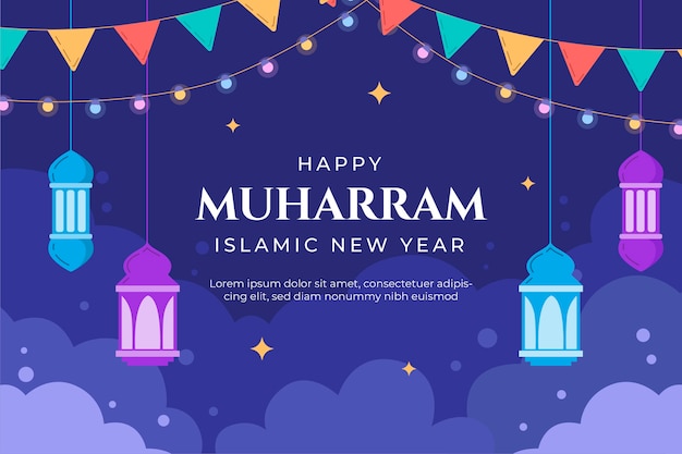Flat islamic new year background with bunting and lanterns