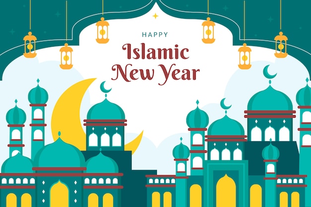 Плоский исламский новогодний фон с городом и фонарями