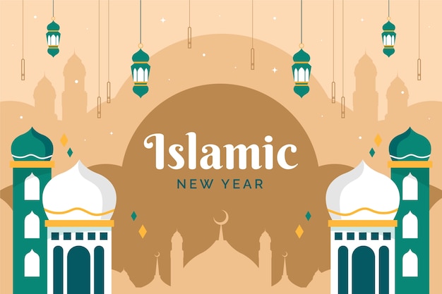 Flat islamic new year background with lanterns and palace