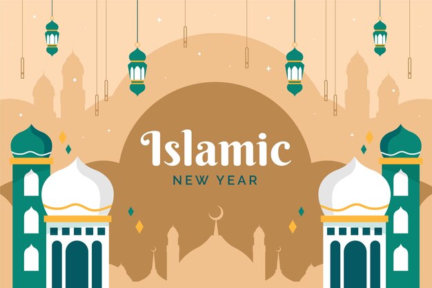 Flat islamic new year background with lanterns and palace