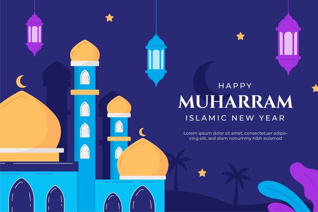 Flat islamic new year background with palace and lanterns