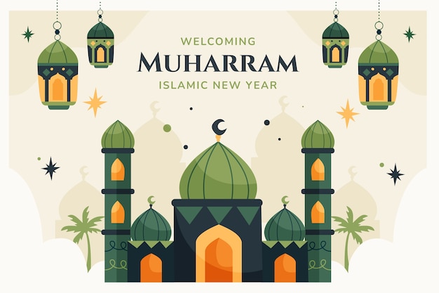 Плоский исламский новогодний фон с дворцом и фонарями