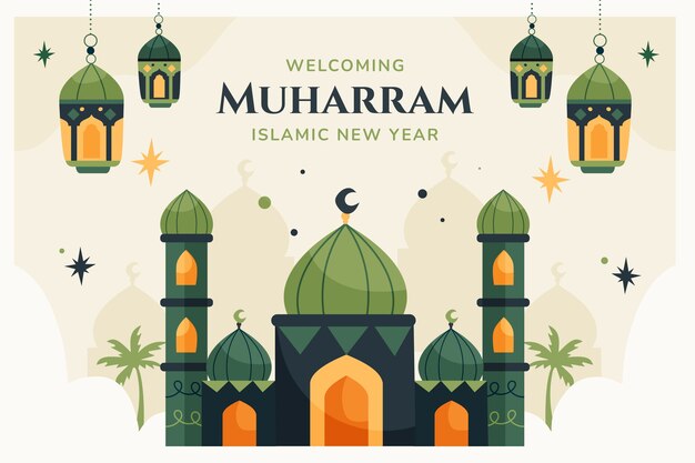 Flat islamic new year background with palace and lanterns