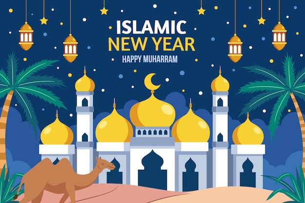 Flat islamic new year background with palace and lanterns