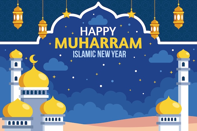 Free vector flat islamic new year background with palace and lanterns