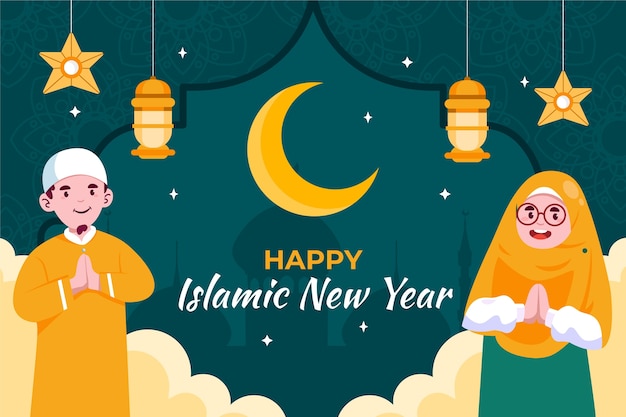 Flat islamic new year background with people praying and lanterns