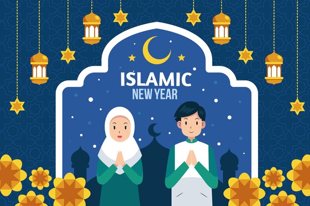 Flat islamic new year background with people praying