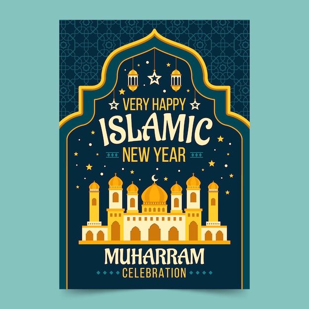 Flat islamic new year greeting card template with building