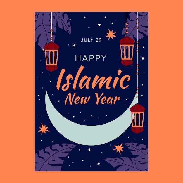 Modello di biglietto di auguri di capodanno islamico piatto con luna crescente e lanterne