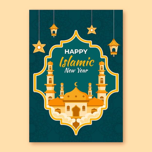 Flat islamic new year greeting card template with palace and lanterns