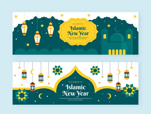 Flat islamic new year horizontal banners set with lanterns