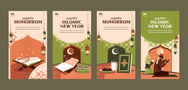 Free vector flat islamic new year instagram stories collection