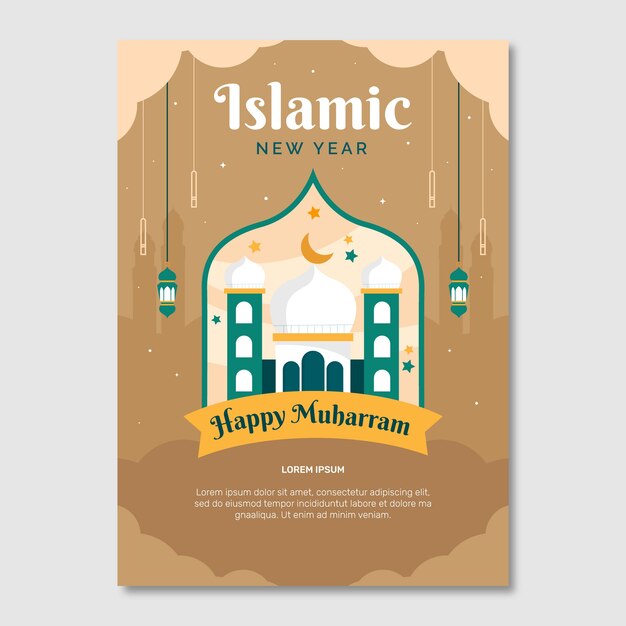 Modello di poster di capodanno islamico piatto con palazzo e lanterne