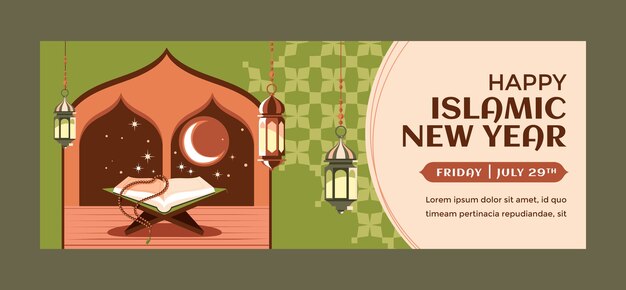 Плоский исламский новогодний шаблон обложки в социальных сетях